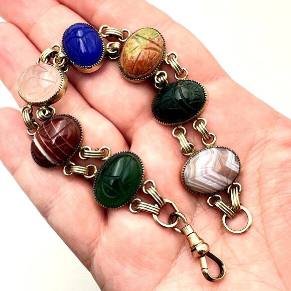 Vintage Antique Pocket Watch Chain Gemstone Carved Scarabs